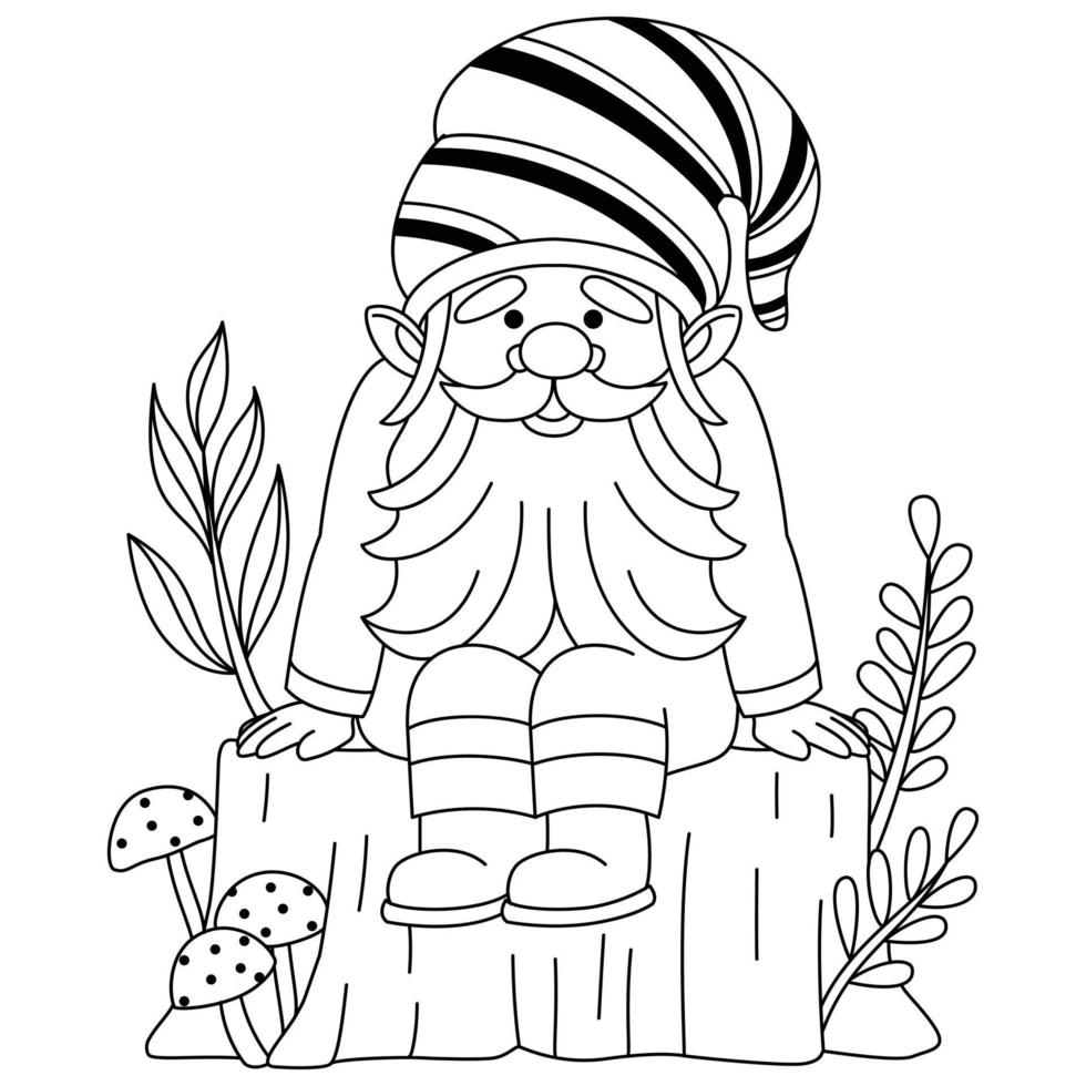 un mignon gnome assis sur un arbre coupé à côté de quelques pages à colorier colorées de champignons vecteur