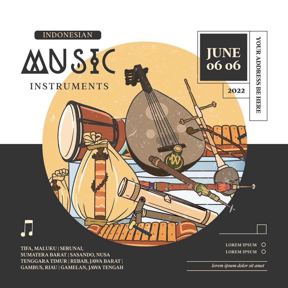 instruments de musique indonésiens illustration vectorielle dessinés à la main. modèle de publication sur les réseaux sociaux de musique vecteur