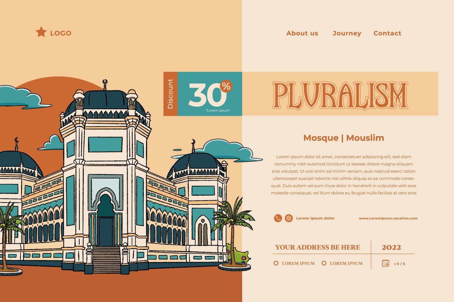 mosquée musulmane illustration dessinée à la main. bâtiment de la religion indonésienne vecteur