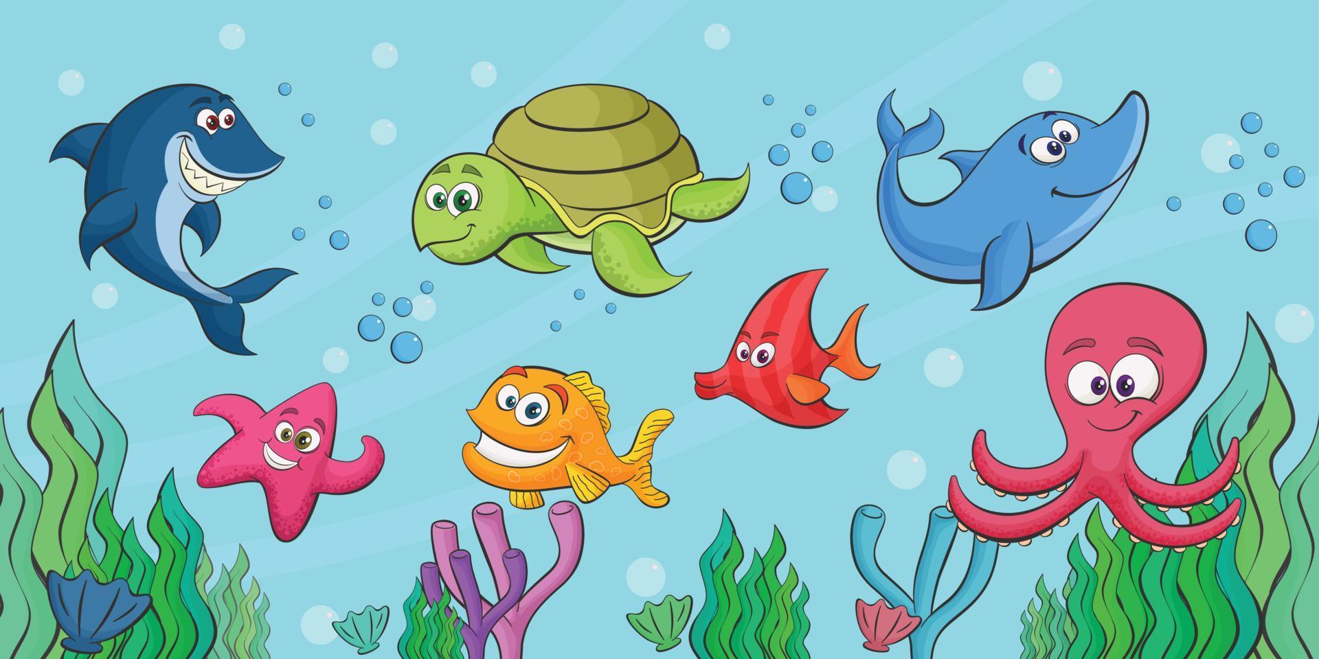 collection de dessins animés de paysages d'aquarium sous-marin de la vie marine vecteur