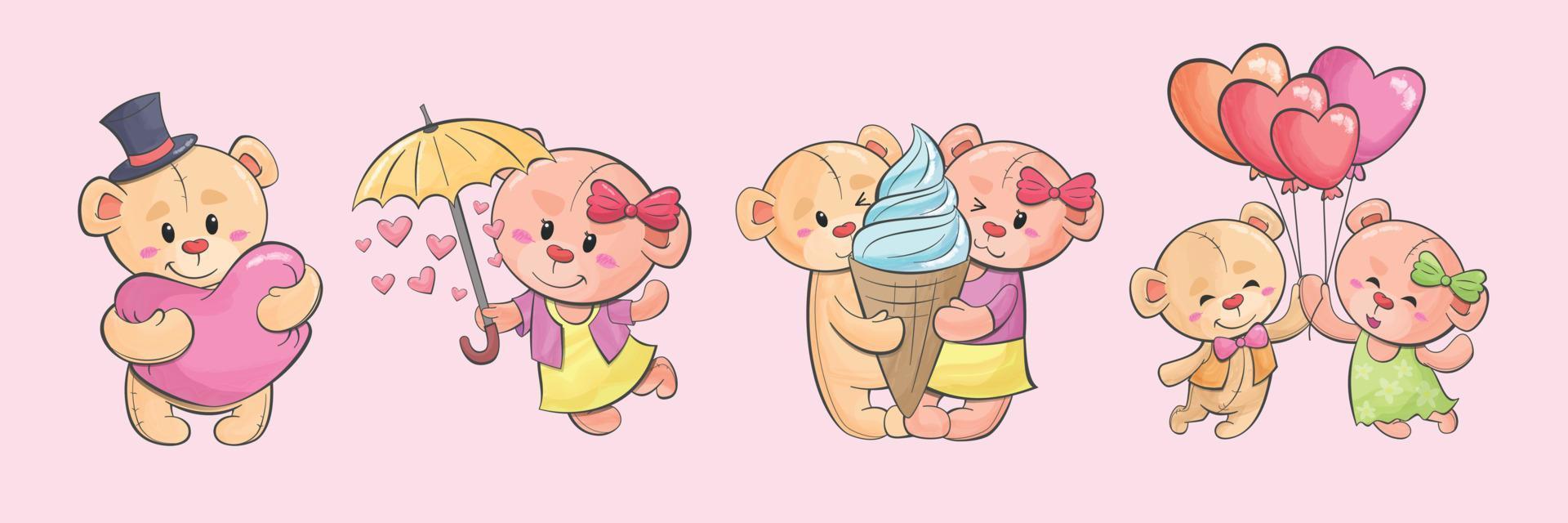 mignon nounours couple saint valentin illustration dessinée à la main vecteur