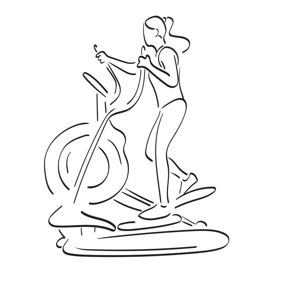 femme sportive exerçant sur une machine cardio dans la salle de gym illustration vecteur dessiné à la main isolé sur fond blanc dessin au trait.