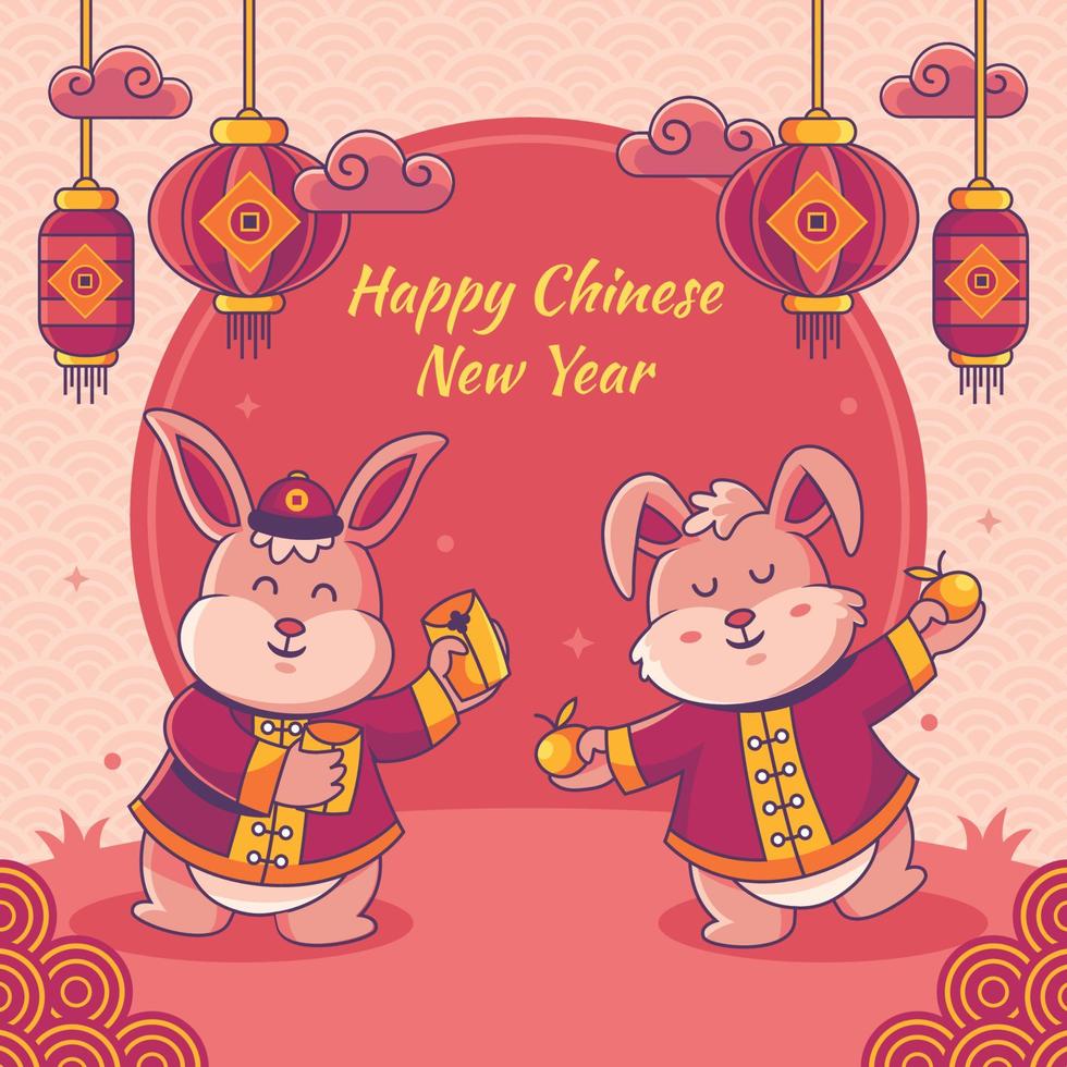 nouvel an chinois avec lapin échangeant des cadeaux vecteur