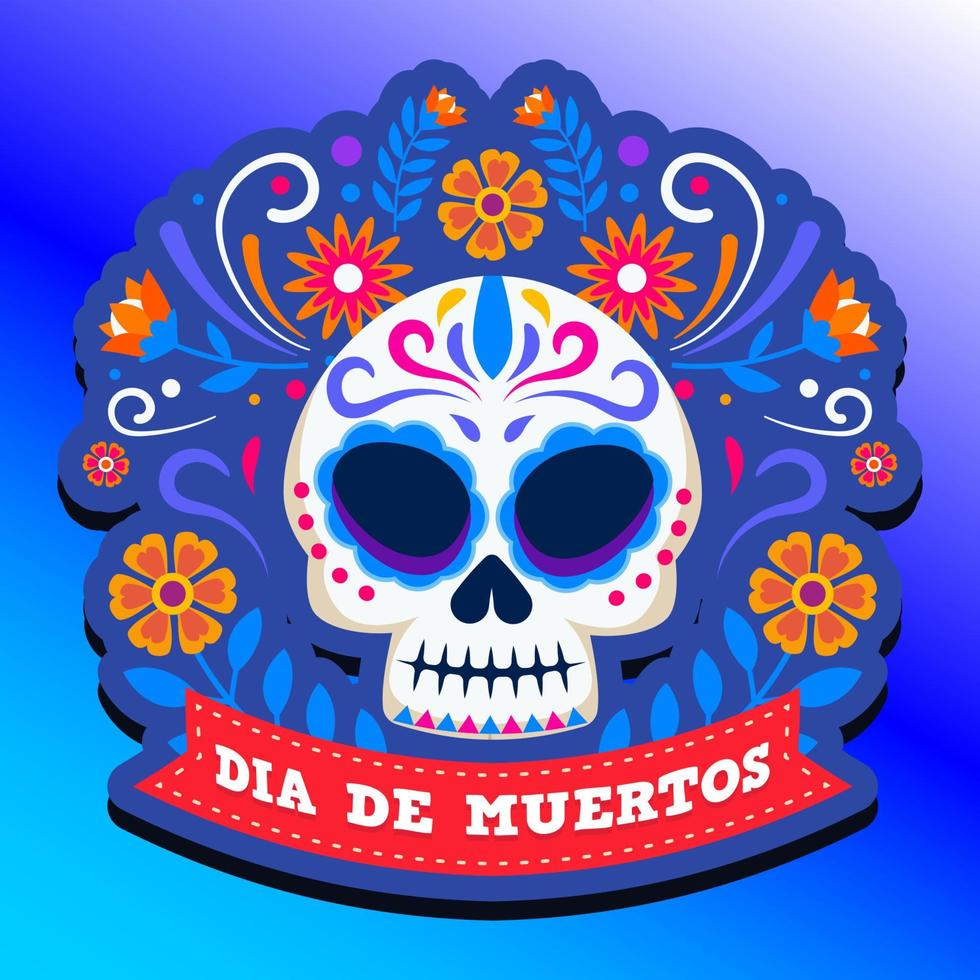 dia de los muertos, jour des morts ou carte de voeux halloween, bannière, invitation. crânes de tatouage de sucre, fleurs de souci, catrina calavera illustration vectorielle de décoration squelette mexique traditionnelle. vecteur