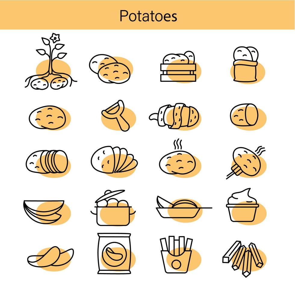 jeu d'icônes de pomme de terre. icônes de doodle dessinés à la main. frites, frites, poêle, casserole, couteau. illustration vectorielle. vecteur