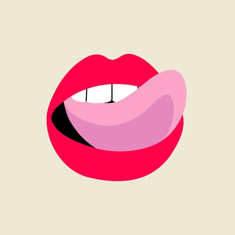 bouche humaine féminine ouverte avec langue, dents dans un style plat et moderne. illustration vectorielle dessinée à la main des lèvres, bouche ouverte, langue sexy, passion, savoureux. patch de mode, insigne, emblème, autocollant. vecteur