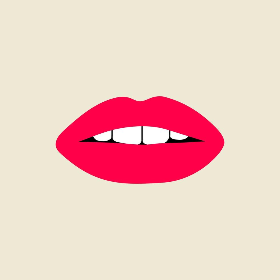 bouche humaine féminine ouverte avec des dents dans un style plat et moderne. illustration vectorielle dessinée à la main des lèvres, bouche ouverte, chuchotant, sexy, passion, belle, maquillage. patch de mode, insigne, emblème. vecteur