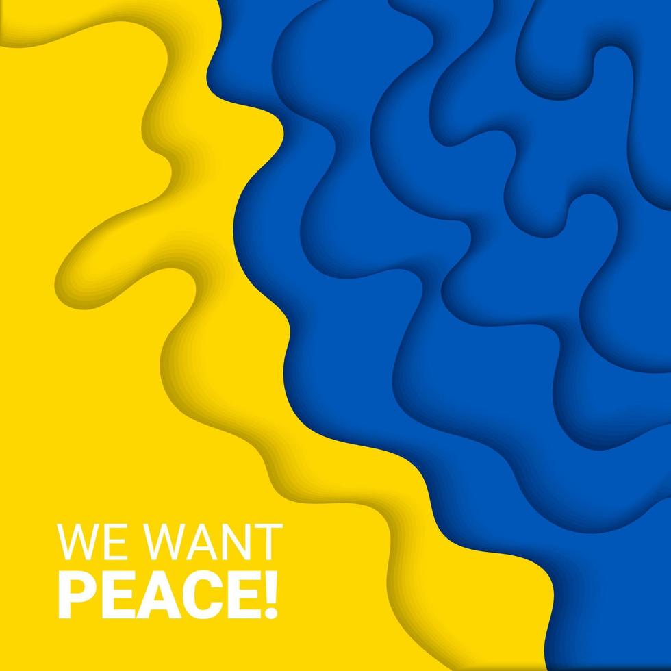 papier vectoriel coupé illustration de fond jaune et bleu de prier pour, se tenir avec, arrêter le concept de guerre avec signe d'interdiction sur les couleurs du drapeau. nous voulons la paix en ukraine et une bannière d'attaque militaire