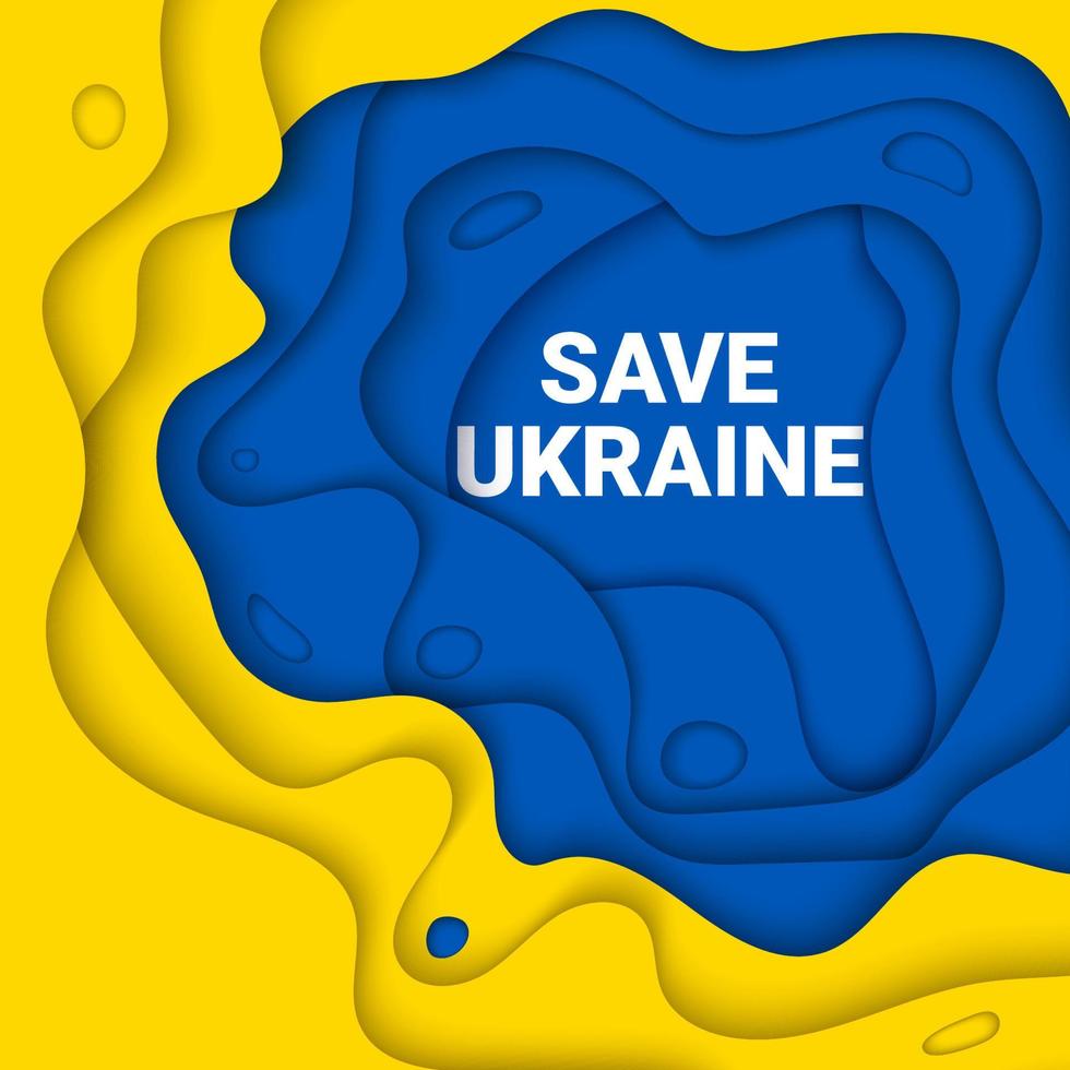 papier vectoriel coupé illustration de fond jaune et bleu de prier pour, se tenir avec, arrêter le concept de guerre avec signe d'interdiction sur les couleurs du drapeau. sauver l'ukraine et la bannière d'attaque militaire