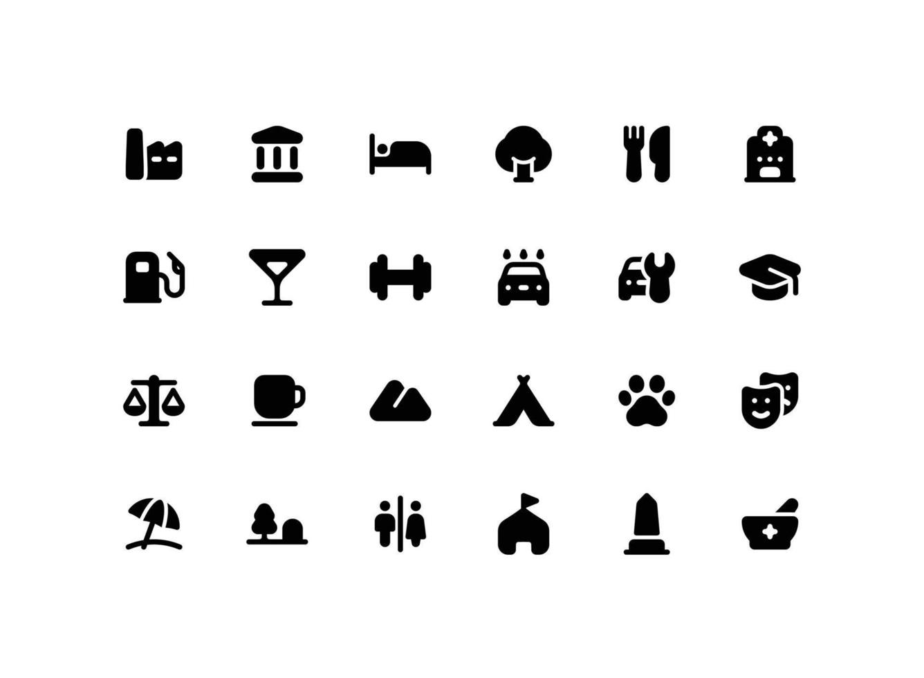 icône de glyphe solide de pointeur de carte mignon sertie d'icônes liées aux lieux vecteur