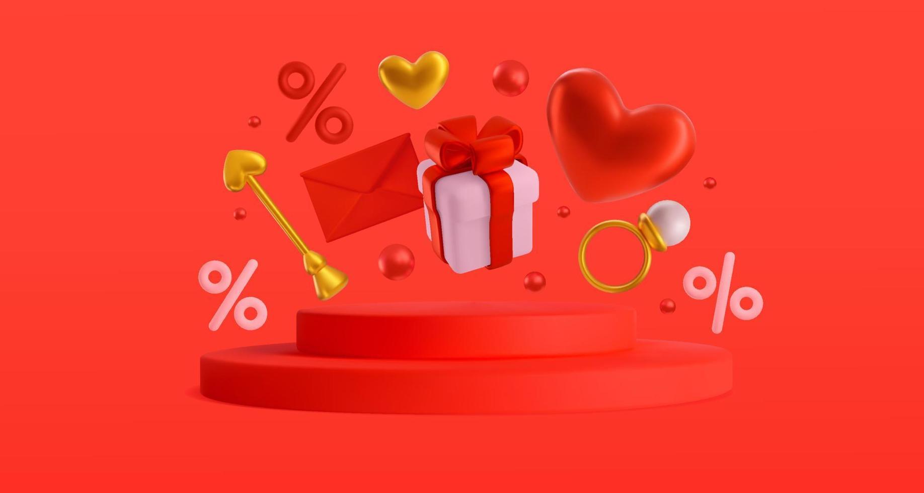 fond festif de réductions pour la saint-valentin avec des cadeaux et des coeurs 3d. vente de bannière de vecteur moderne mignon pour les amoureux