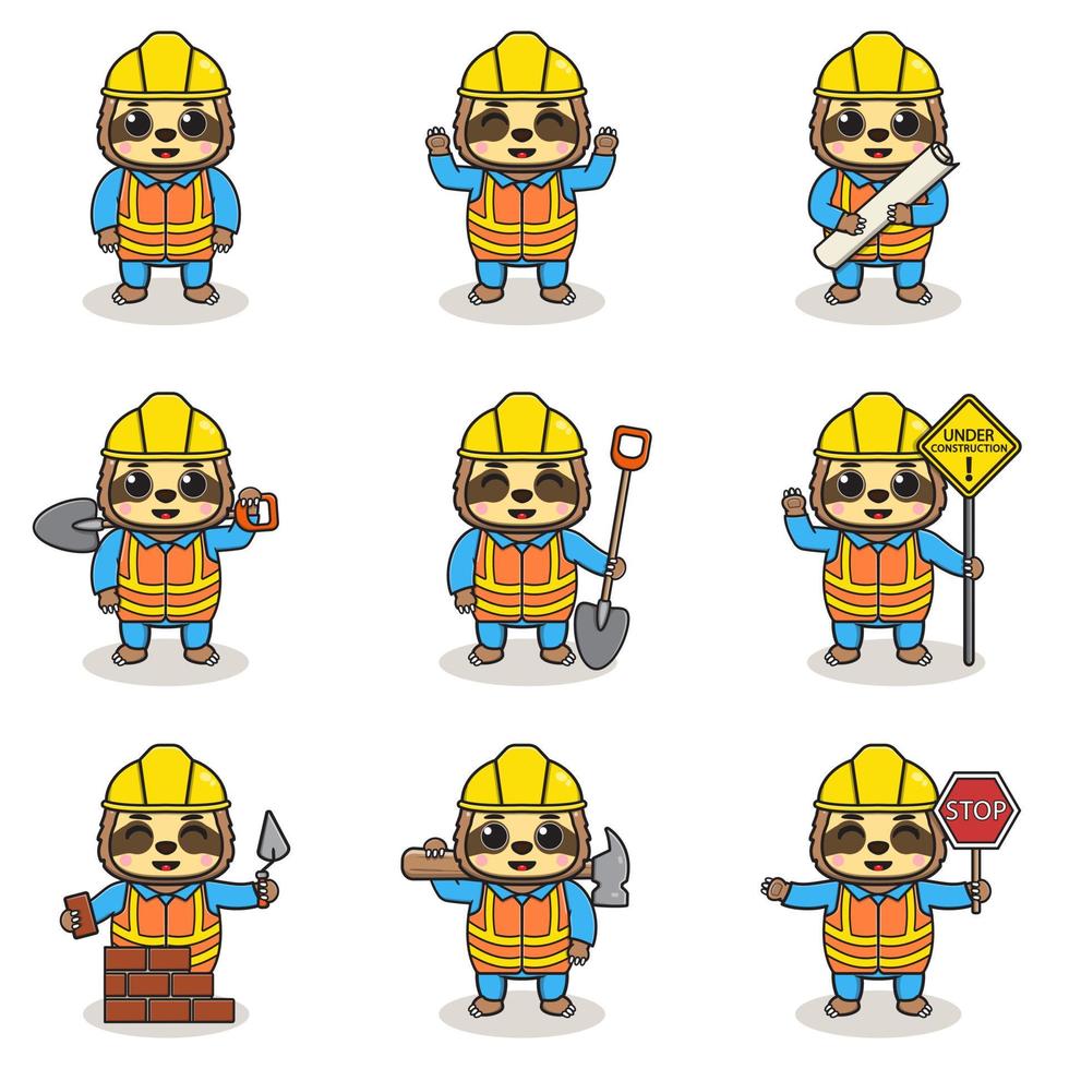 illustration vectorielle du personnage paresseux sur le chantier de construction. travailleurs de la construction dans divers outils. personnages de paresseux de dessin animé dans un casque travaillant sur le vecteur de chantier.