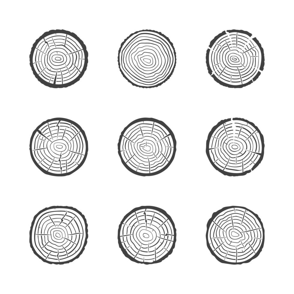 jeu d'icônes d'anneaux de croissance des arbres. vecteur, scie, coupe, tronc, symboles vecteur