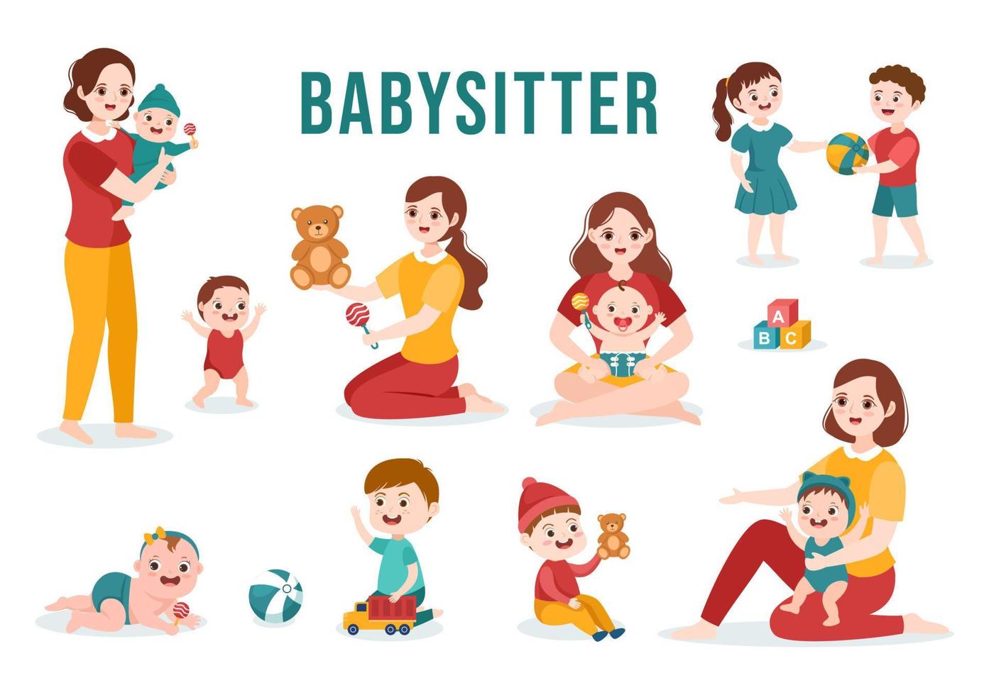 services de baby-sitter ou de nounou pour s'occuper de répondre aux besoins de bébé et jouer avec les enfants sur une illustration de modèle dessiné à la main de dessin animé plat vecteur