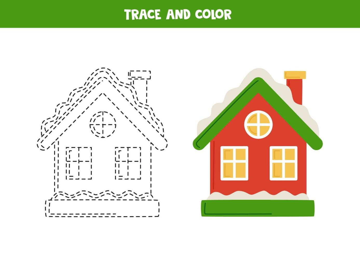 tracer et colorier une maison enneigée de dessin animé mignon. feuille de travail pour les enfants. vecteur