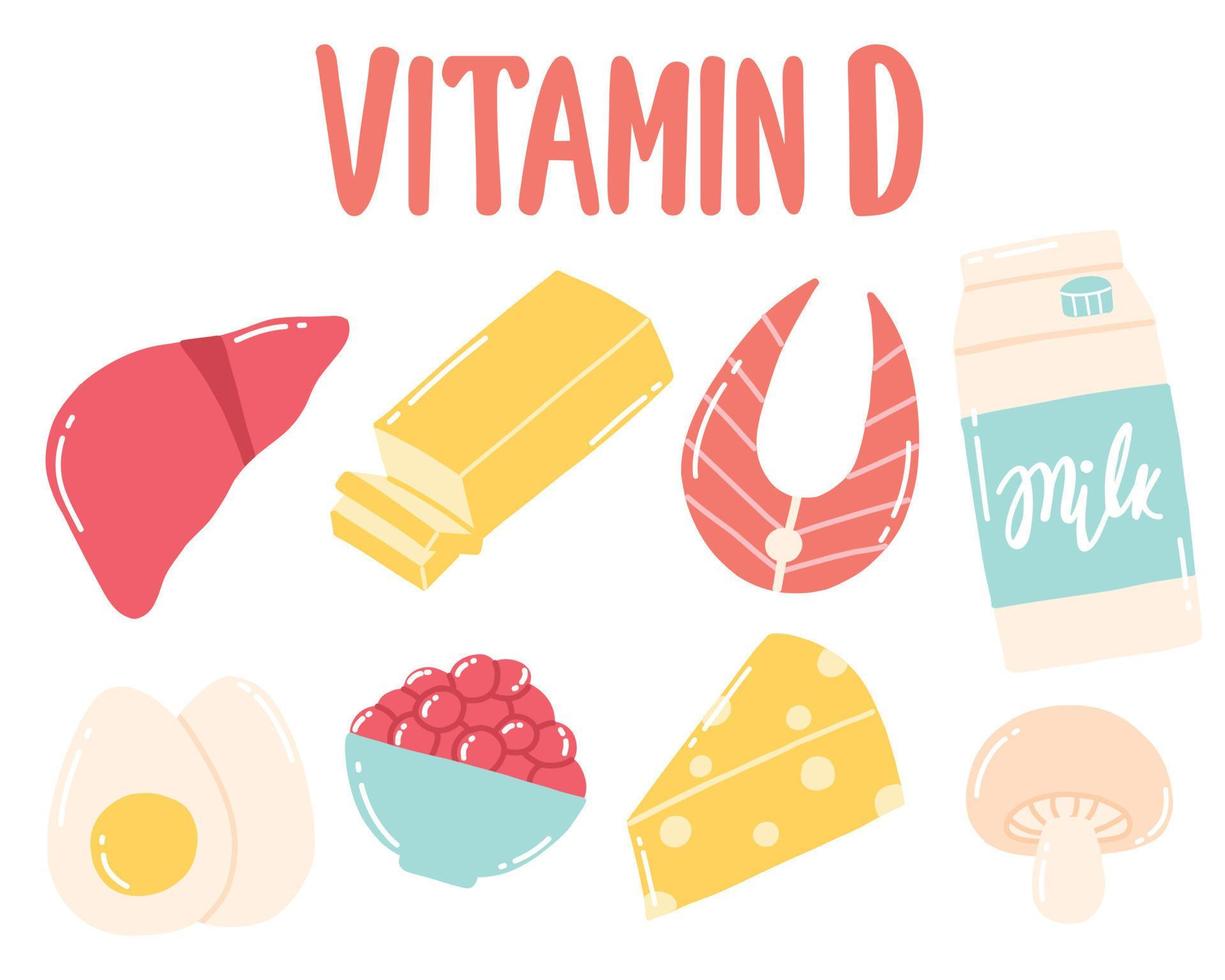 Vitamine D. ensemble d'aliments contenant de la vitamine d. aliments riches en vitamine d. illustration vectorielle. illustration vectorielle. style dessiné. vecteur