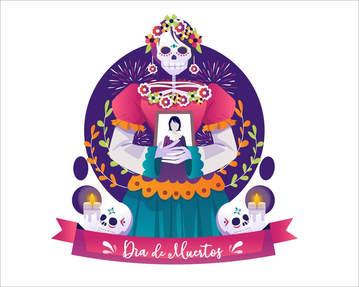 jour des morts, dia de los muertos fête mexicaine avec catrina calavera femme vêtue d'une robe de costume mexicain avec des photos d'une personne décédée. illustration vectorielle dans un style plat vecteur