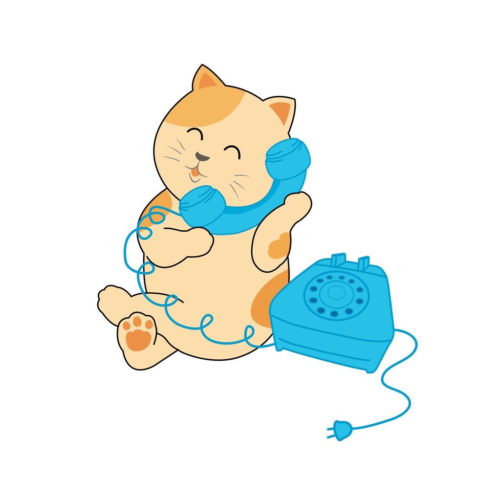 dessin de dessin animé de vecteur de chat chaton mignon brun assis et ramasser téléphone vintage bleu appelant et parlant, objet sur fond blanc