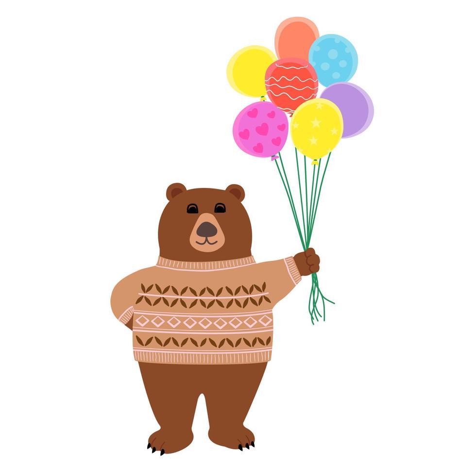 dessin animé vectoriel d'un ours brun portant un pull en fil de couleur crème, debout et tenant des ballons colorés jaunes, rouges, roses, bleus, violets sur fond blanc