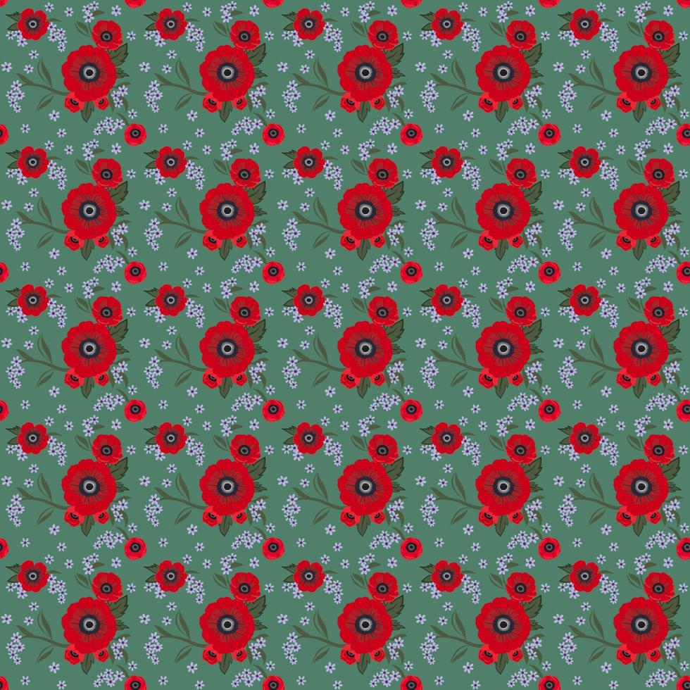 Image vectorielle motif de répétition sans couture dessin de bouquets de fleurs rouges au hasard sur fond vert avec une petite flore de pétales violets, pour la mode vêtements tissu textiles imprimé papier peint papier d'emballage vecteur