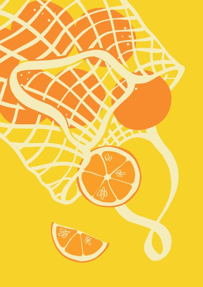 illustration d'été avec un sac en osier et des oranges qui en tombent. produits des agriculteurs locaux. affiche moderne avec des produits biologiques. conception plate. vecteur