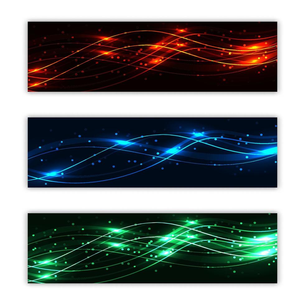 un ensemble de trois textures d'arrière-plan multicolores abstraites d'affiches de laser magique belles lignes d'ondes lumineuses au néon électrique rougeoyantes d'énergie lumineuse numérique. illustration vectorielle vecteur