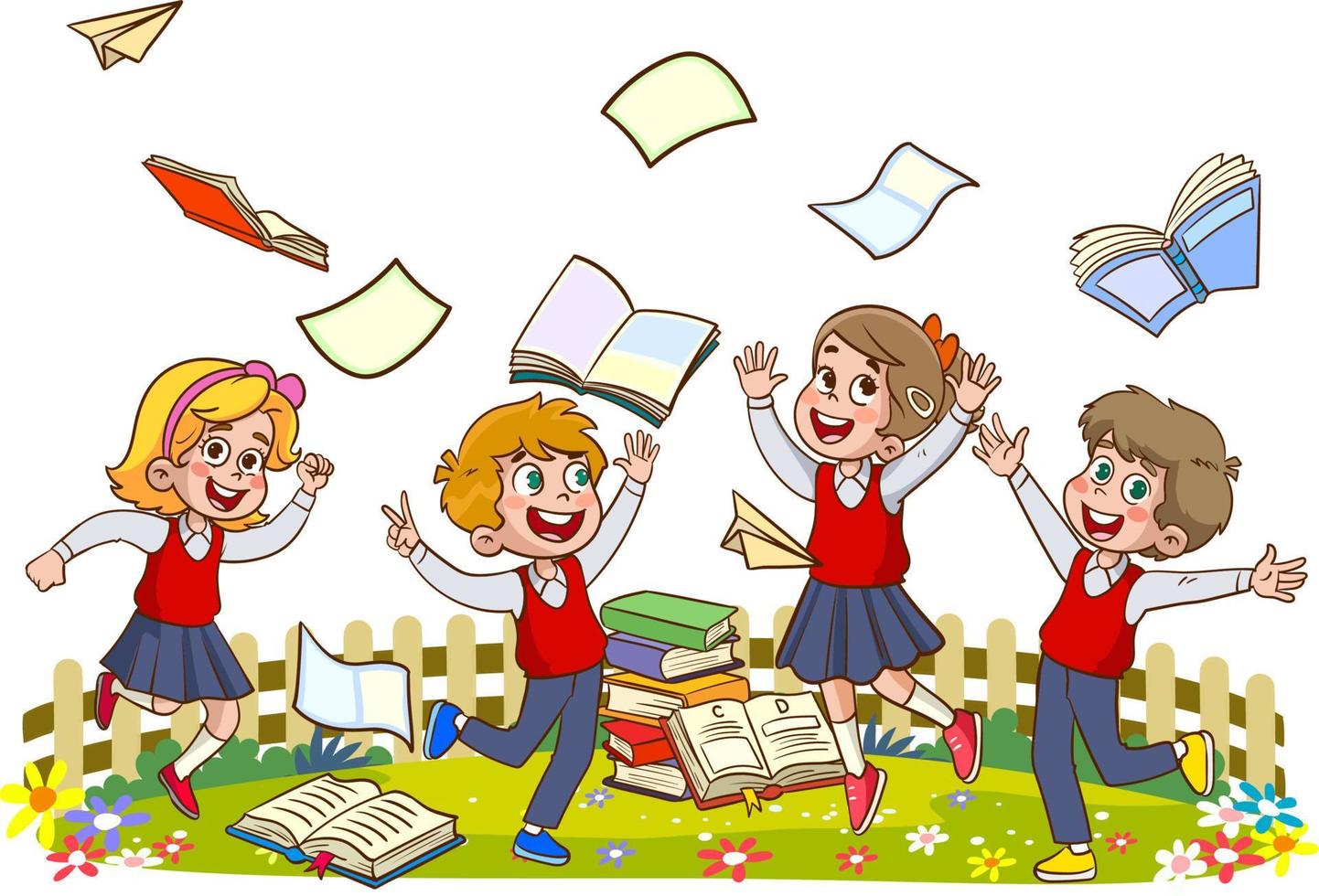 heureux mignons petits enfants garçon et fille étudient avec l'enseignant.illustrations de la vie scolaire des enfants joyeux. vecteur