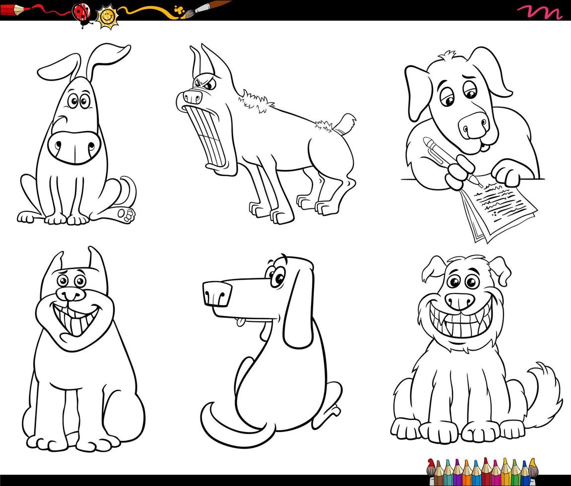 dessin animé, chiens, animal, caractères, ensemble, coloration, page vecteur