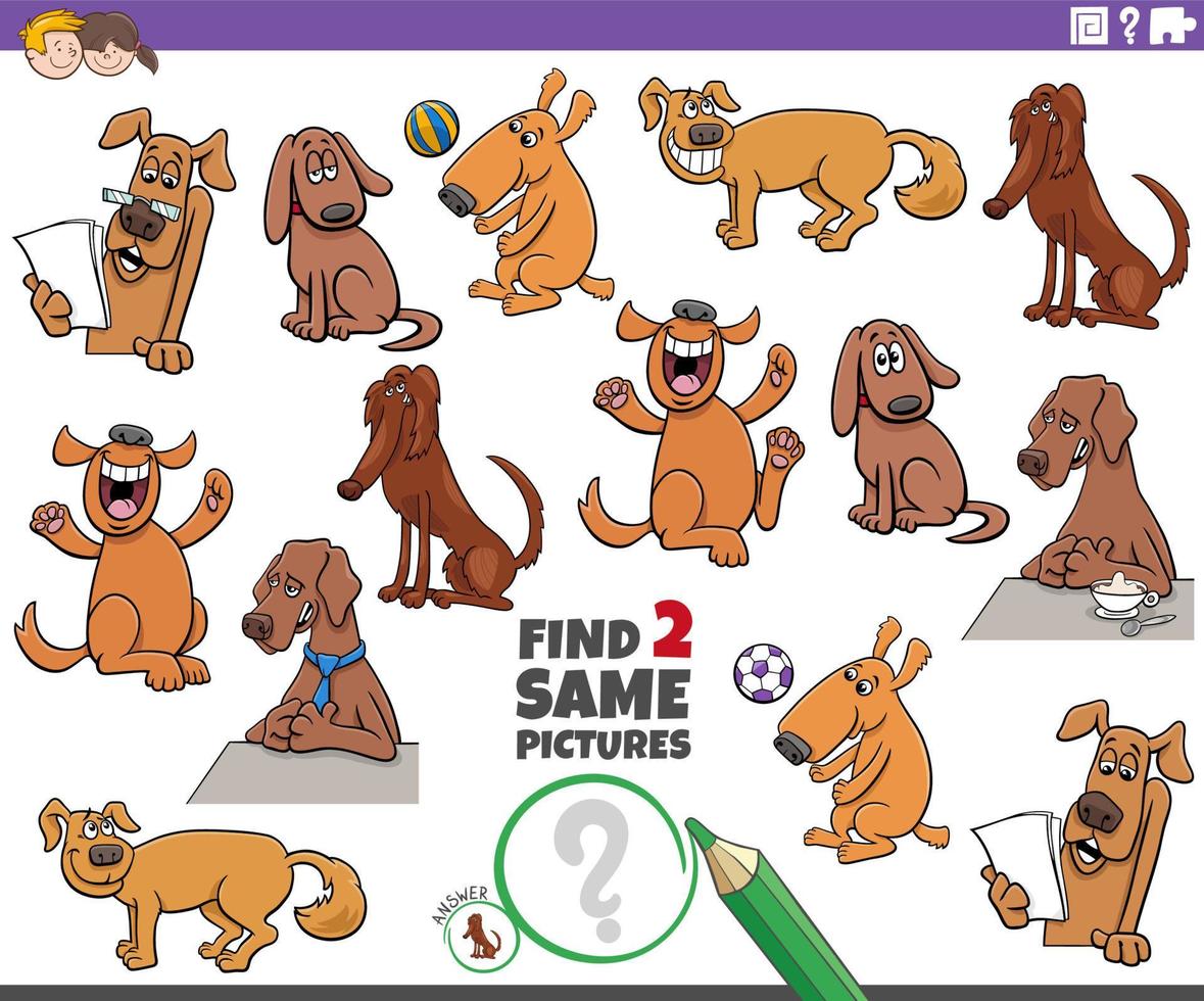 trouver deux mêmes tâches éducatives de personnages de chiens de dessin animé vecteur