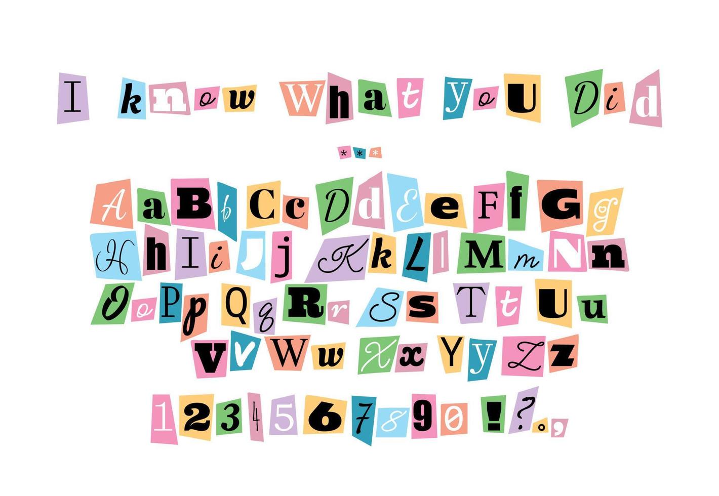 alphabet dans le style des messages anonymes. lettres découpées dans un journal ou un magazine sur une feuille de papier blanc. vecteur