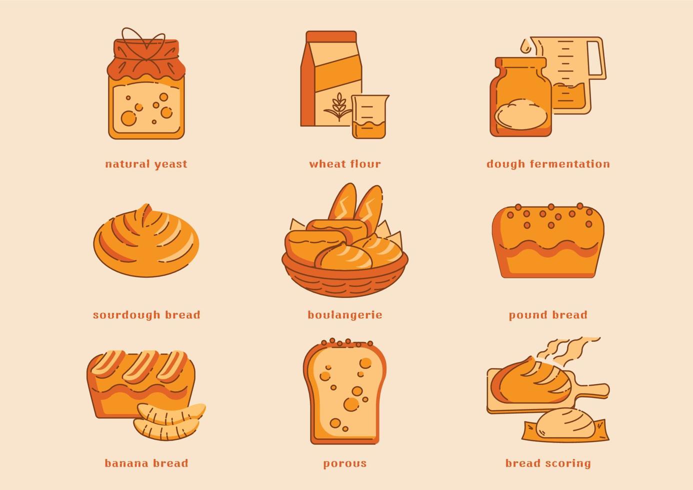 jeu d'icônes de fabrication de pain au levain vecteur