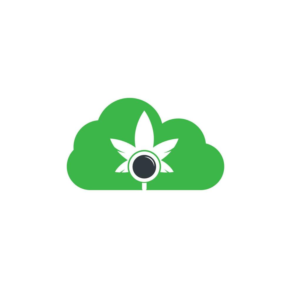 modèle de vecteur de conception de logo de forme de nuage de recherche de cannabis. combinaison de logo feuille de marijuana et loupe. chanvre et symbole ou icône de loupe