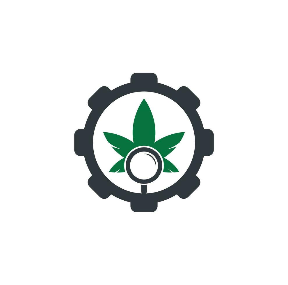 modèle vectoriel de conception de logo de forme d'engrenage de recherche de cannabis. combinaison de logo feuille de marijuana et loupe. chanvre et symbole ou icône de loupe