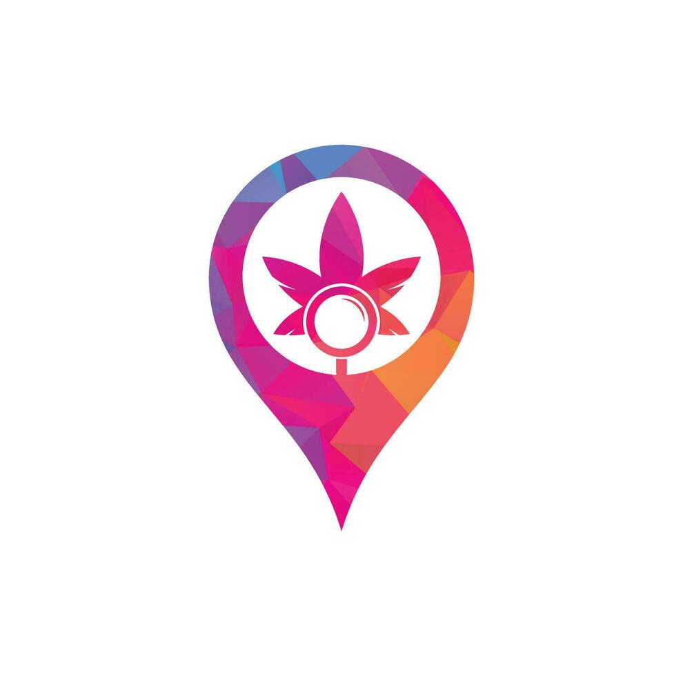 modèle vectoriel de conception de logo de forme de broche de carte de recherche de cannabis. combinaison de logo feuille de marijuana et loupe. chanvre et symbole ou icône de loupe.