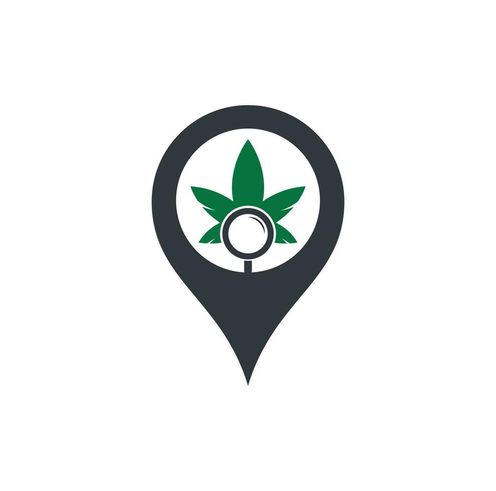 modèle vectoriel de conception de logo de forme de broche de carte de recherche de cannabis. combinaison de logo feuille de marijuana et loupe. chanvre et symbole ou icône de loupe.