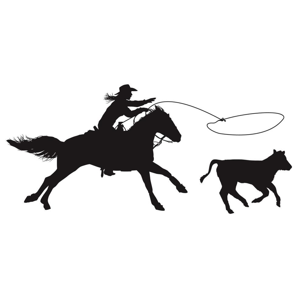 Cowboy à cheval et lancer lasso fine silhouette contour noir sur blanc vecteur