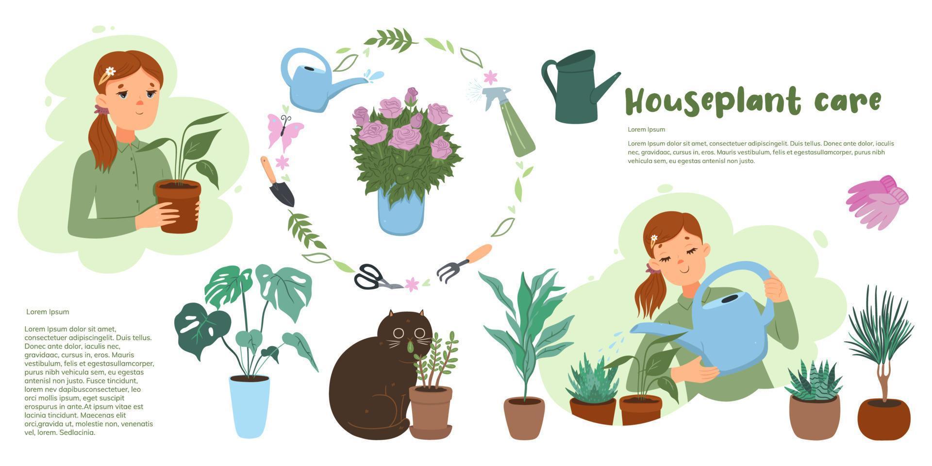 infographie mignonne sur les soins des plantes d'intérieur avec chat et fille. graphiques vectoriels. vecteur