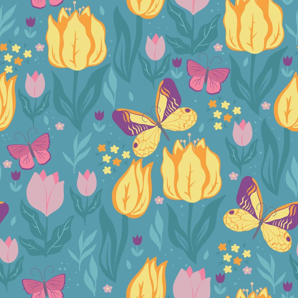 modèle sans couture avec papillons et tulipes. graphiques vectoriels. vecteur