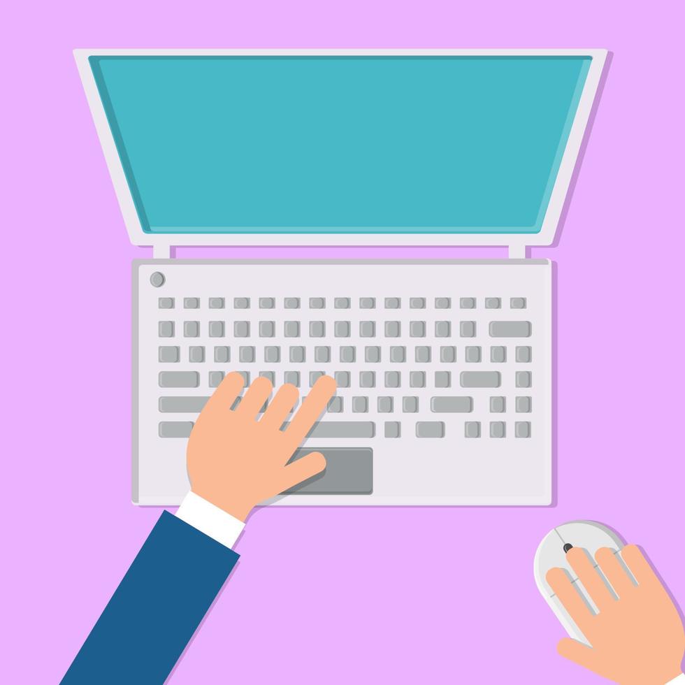 illustration vectorielle d'un homme travaillant avec ses mains sur un ordinateur portable avec une souris et un clavier sur fond rose, vue de dessus, mise à plat. concept informatique technologies numériques vecteur