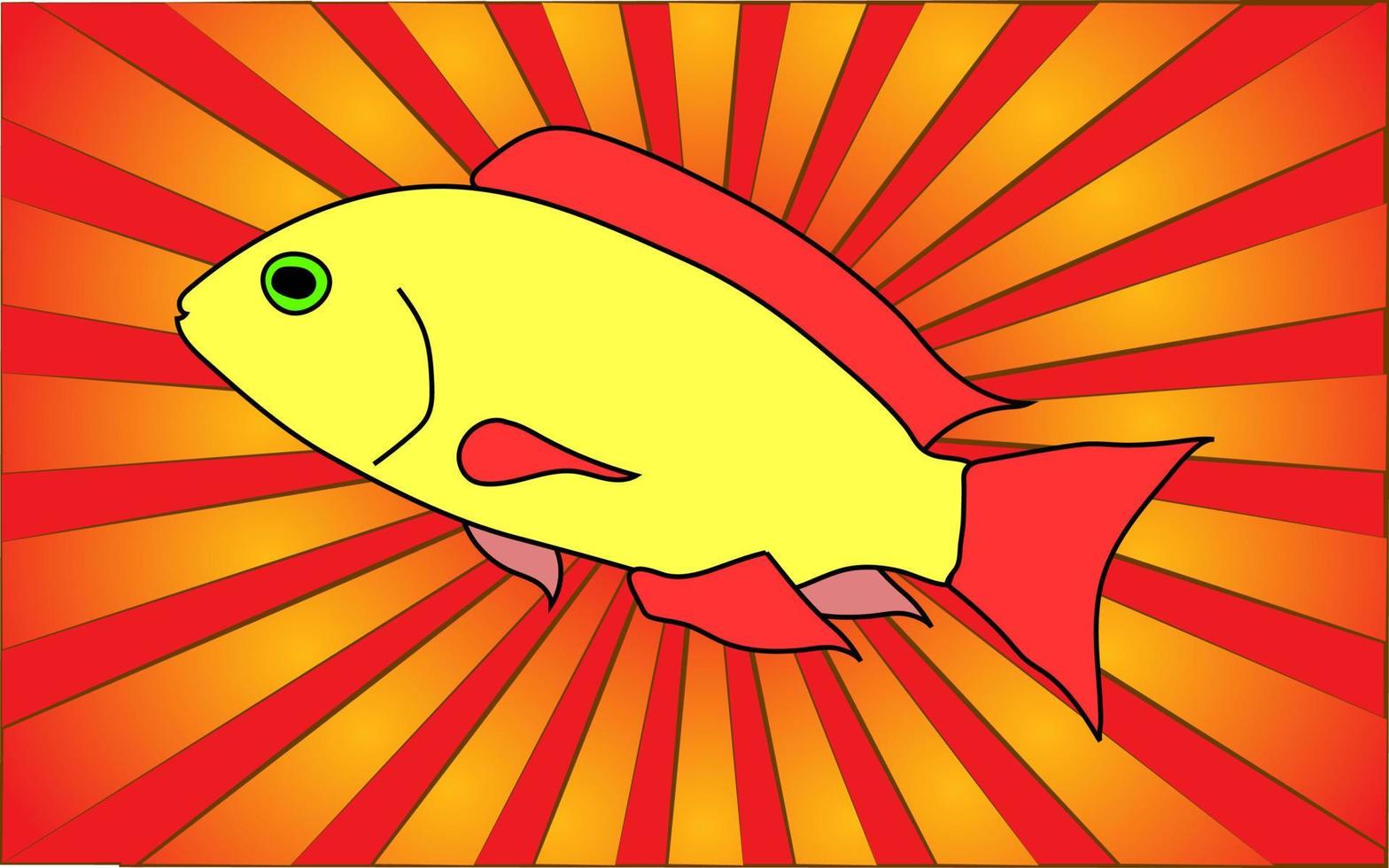 poisson de rivière de mer d'aquarium d'or jaune sur fond de rayons rouges abstraits. illustration vectorielle vecteur