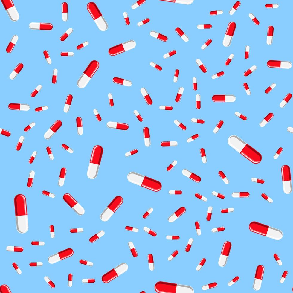 modèle médical sans couture, texture de beaux comprimés pharmaceutiques ovales médicinaux rouges et blancs, capsules, vitamines, médicaments, antibiotiques isolés sur fond bleu. notion de soins de santé vecteur