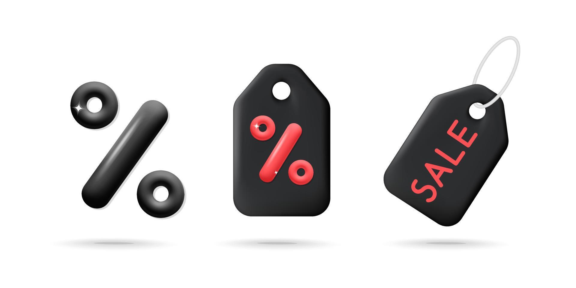 Collection de vecteurs 3d d'étiquettes d'étiquettes de réduction shopping noir et rouge pour la conception d'icônes vendredi noir et cyber lundi vecteur