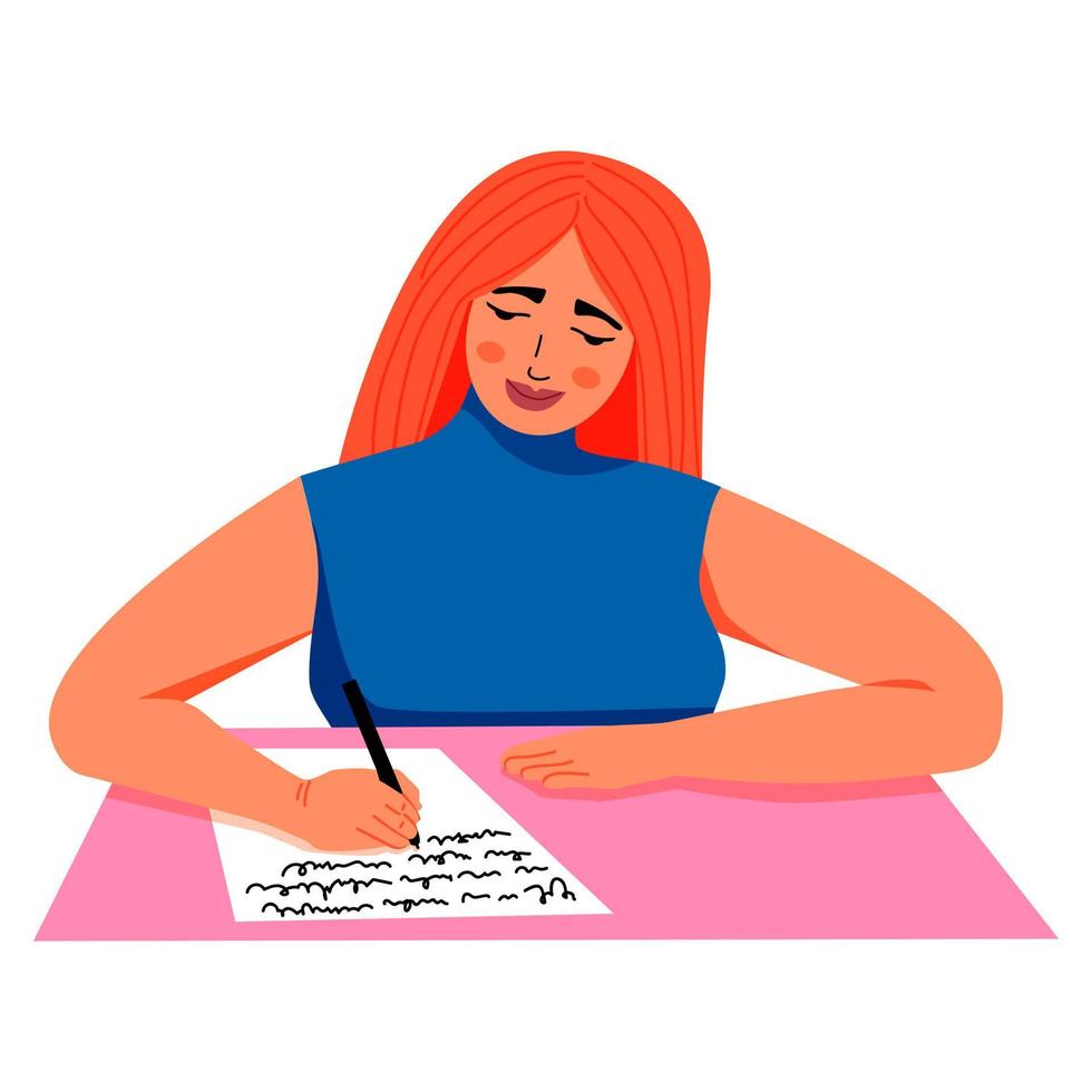 femme écrivant un texte sur un papier avec un stylo. assis à table. fille étudie. illustration vectorielle vecteur