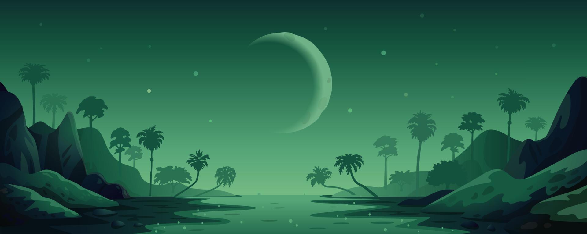 paysage vectoriel de la jungle. paysage panoramique de nuit avec forêt tropicale et rivière. illustration vectorielle en style cartoon plat