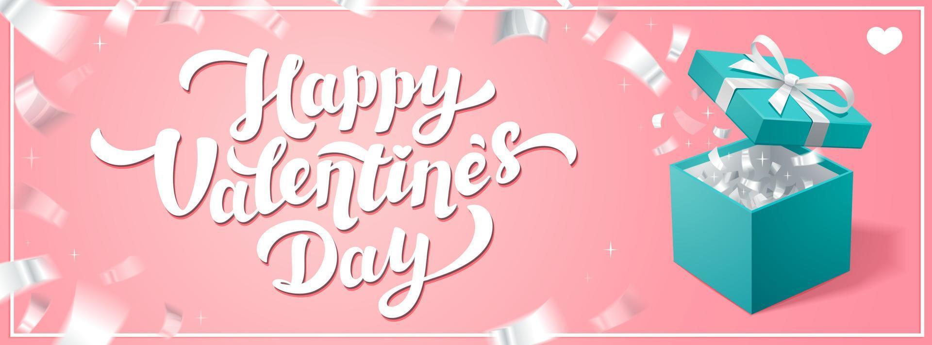 bannière ou couverture horizontale de vecteur de jour d'amour. voeux de bonne saint valentin avec boîte à bijoux turquoise et confettis argentés sur fond rose. illustration vectorielle