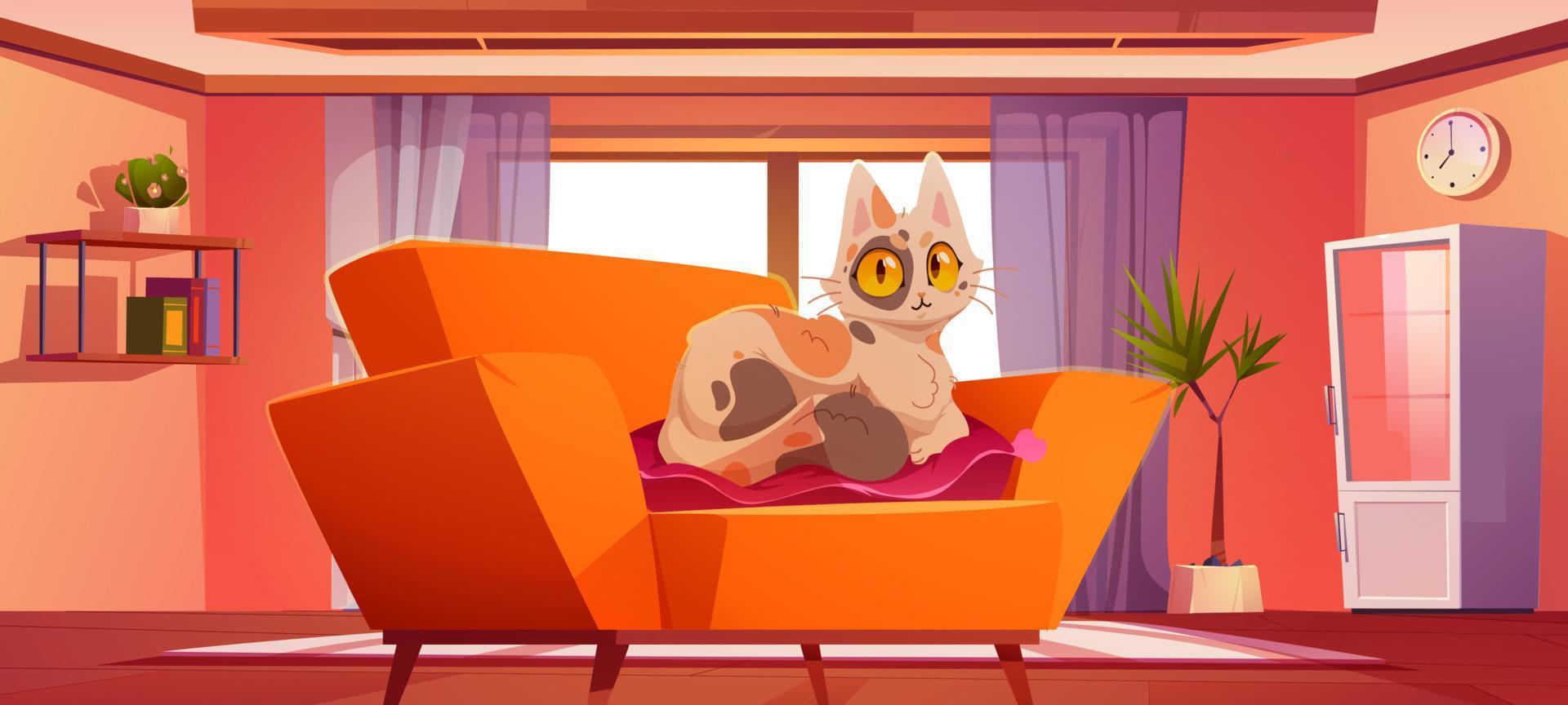 salon avec chat mignon allongé sur un oreiller sur un canapé vecteur