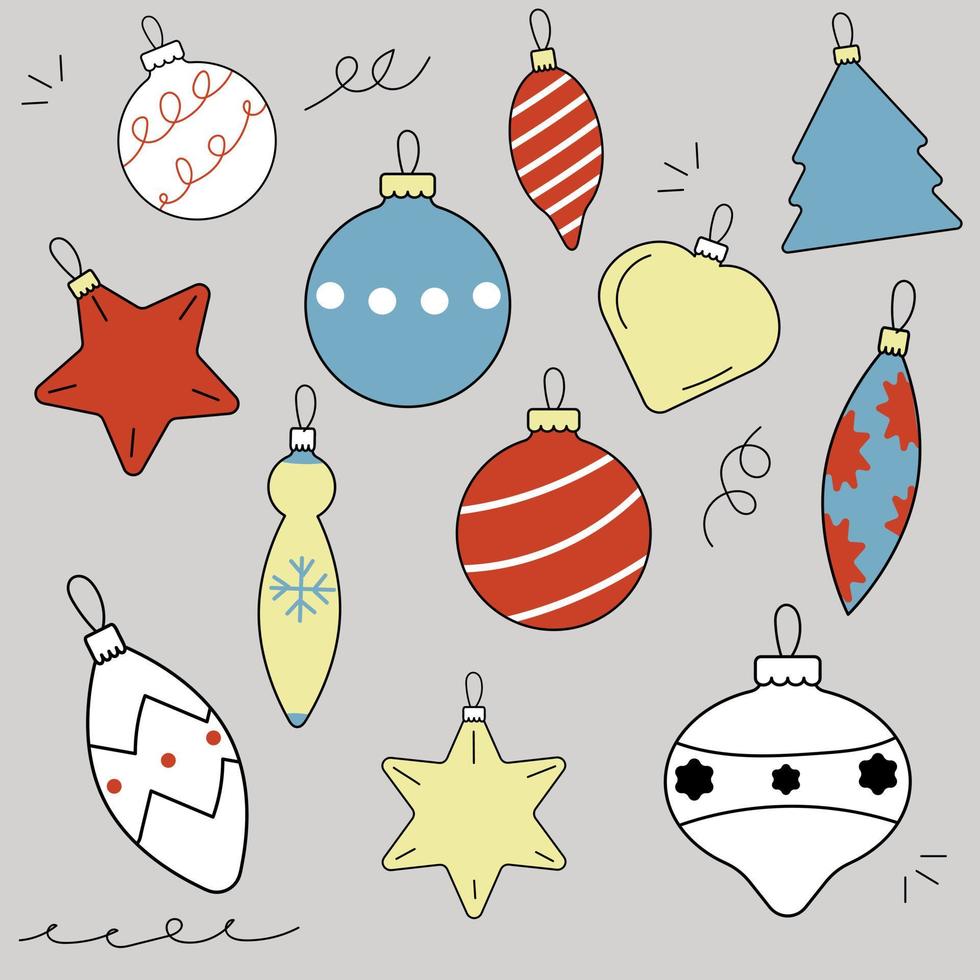 boules de noël dessin de style doodle, dessinés à la main. jouets de noël. vecteur