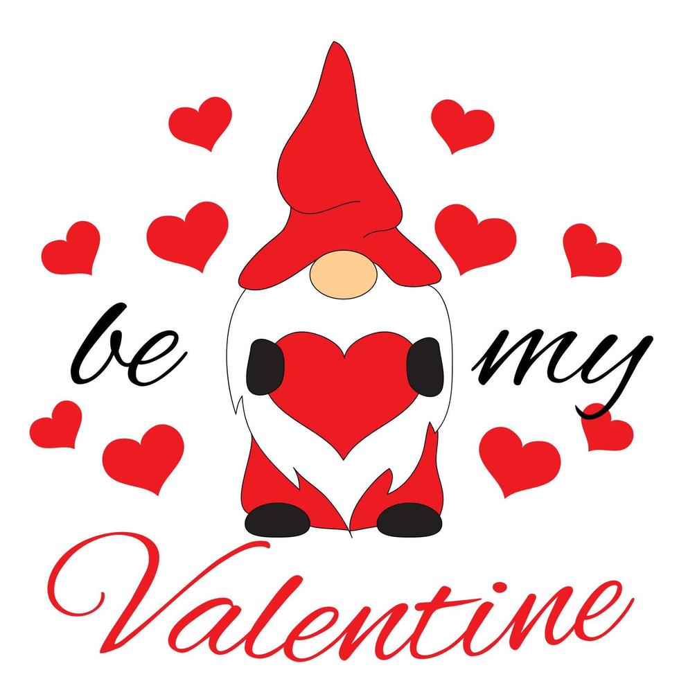 gnome scandinave dans un chapeau rouge avec un coeur dans ses mains. carte de voeux avec l'inscription be my valentine. félicitations pour la saint valentin. conception pour carte postale, autocollant, affiche, bannière vecteur