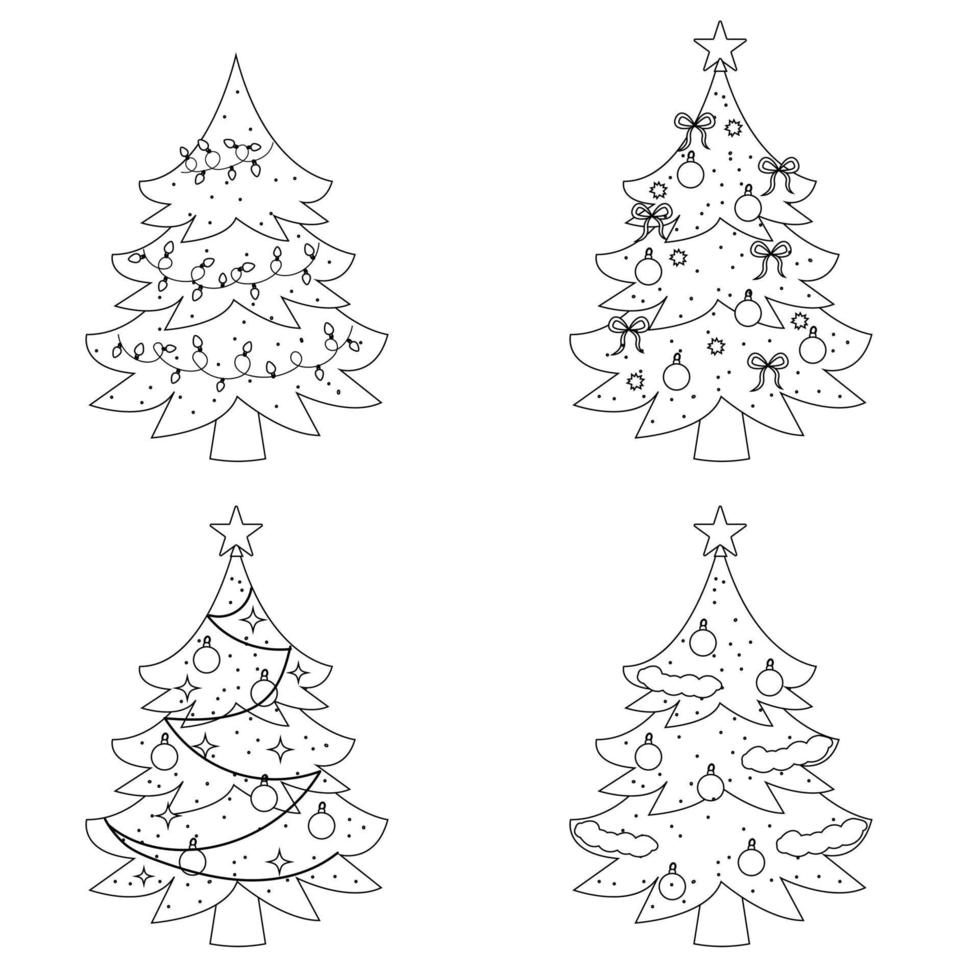 ensemble de différents arbres de noël festifs dans le style de ligne. illustration vectorielle vecteur