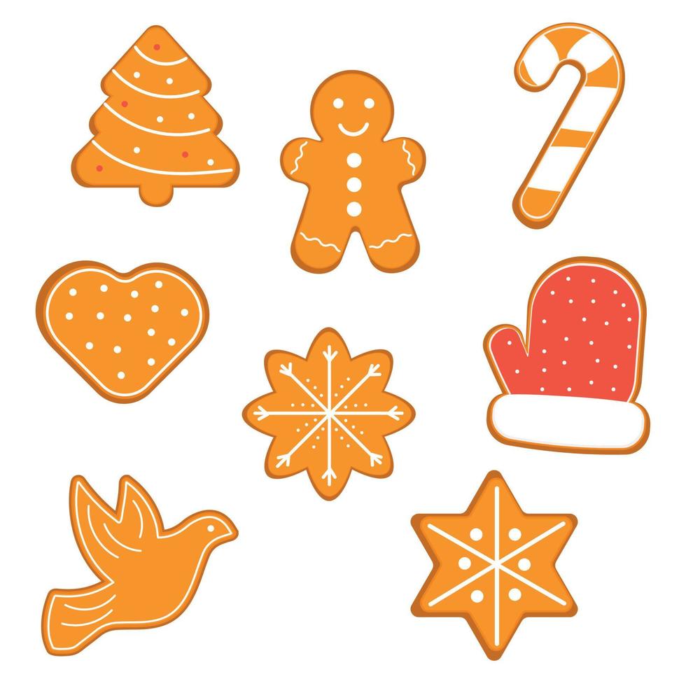 ensemble de biscuits au pain d'épice homme, sapin de noël, étoile, colombe, mitaine. illustration vectorielle vecteur